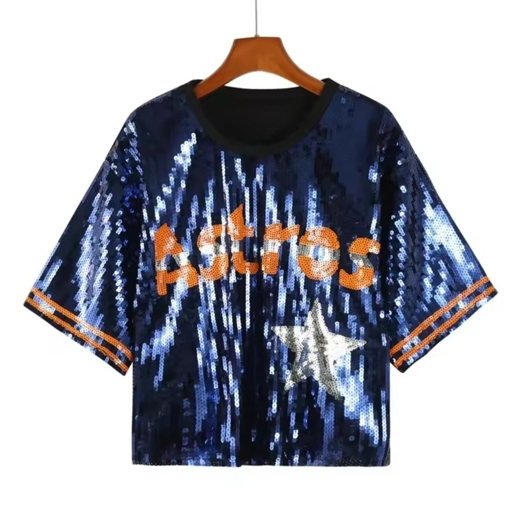 Navy Blue Sequined 'Houston Astros'  Cropped Jersey